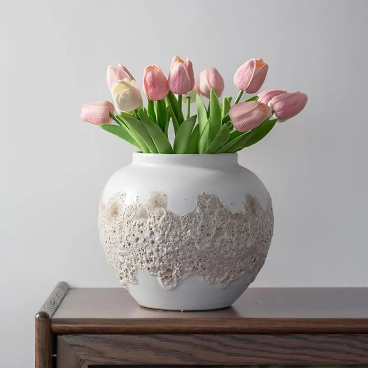 White Ceramic Round Rustic Farmhouse Vase,Latte Bubble Finish,7.8 in Wide Mouth Terracotta Pottery Handmade Stoneware Clay Vase,Unique Boho Home Living Room Table Decor,Gift for Women Girls