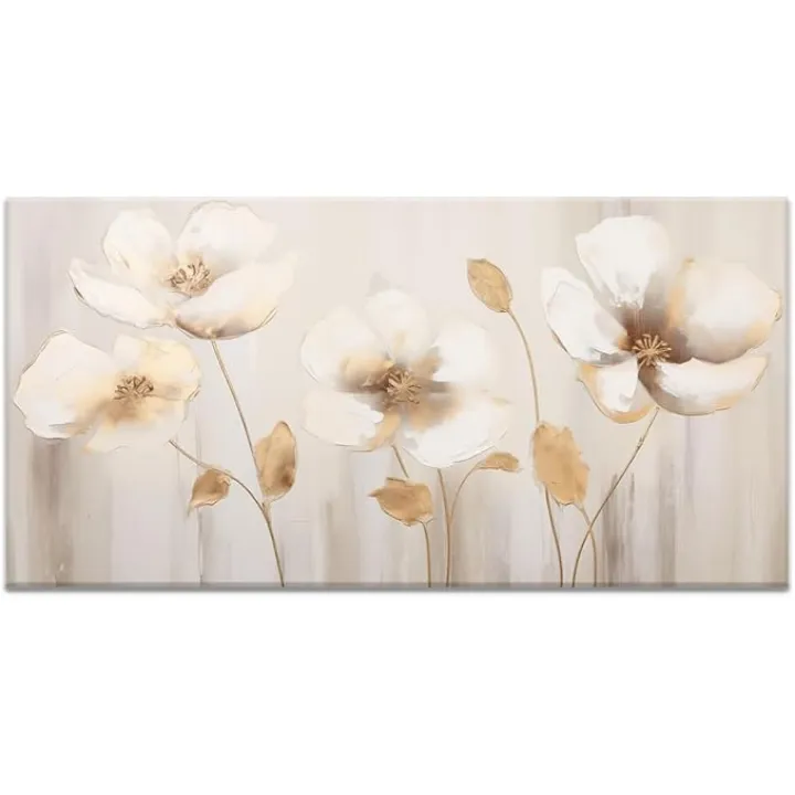 Fangfey Art White and Gold Abstract Flower Wall Art Luxury Neutral Contemporary Modern Minimalist Print Painting