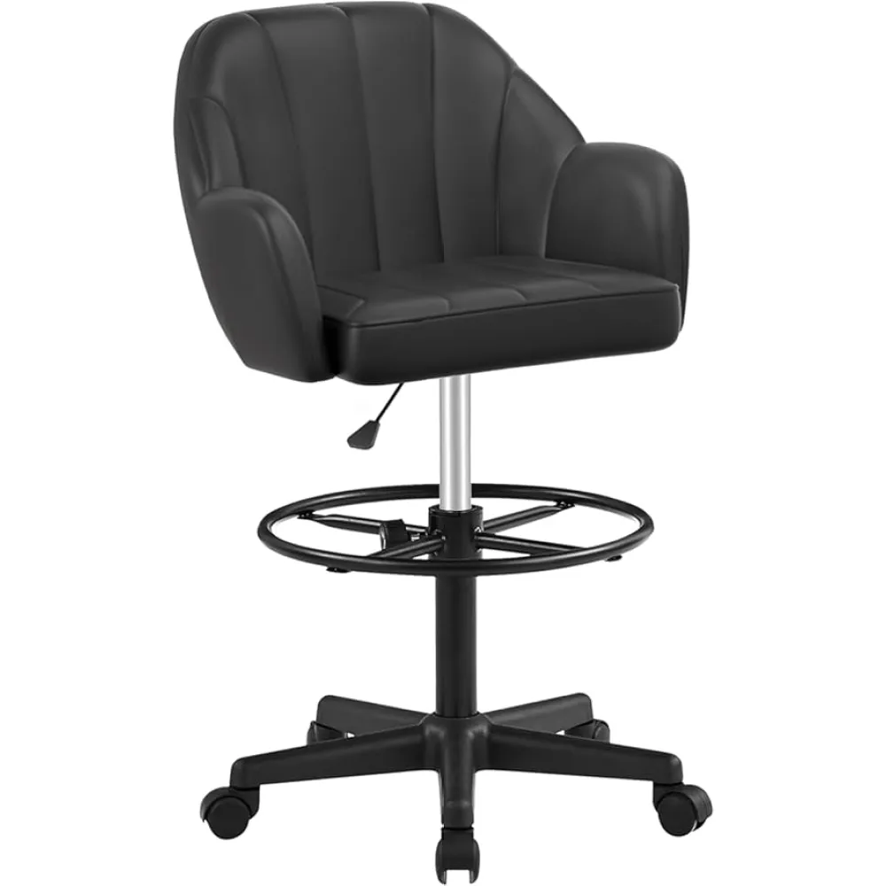 VECELO Home Office Desk Chair with Height Adjustable Seat and Footrest Ergonomic PU Standing Swivel Stool with Back and Arm