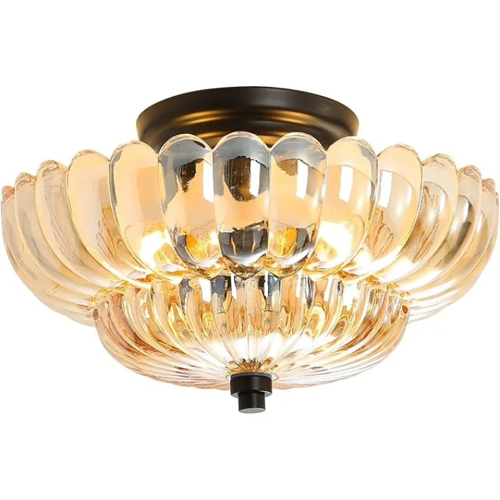 Ceiling Lights Semi Flush Mount Ceiling Light Brown Glass Chandeliers Black Base Modern Lighting Light Fixture Suitable for Living Room Kitchen Bedroom Hallway (Bulb Not Included)