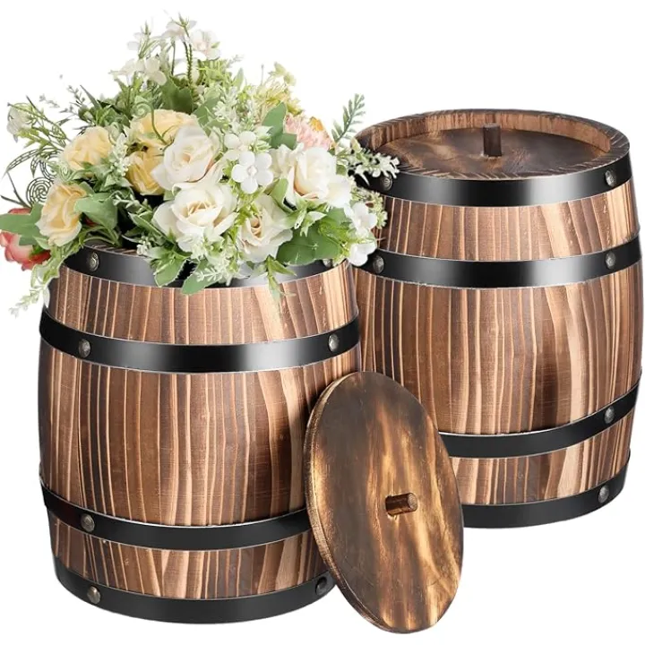 2 Pcs Wood Wine Barrel Vase 8" x 6.5" Vintage Flower Vase Container Rustic Barrel Planter for Wedding Reception Table Decoration Home Indoor Outdoor Garden Kitchen Party