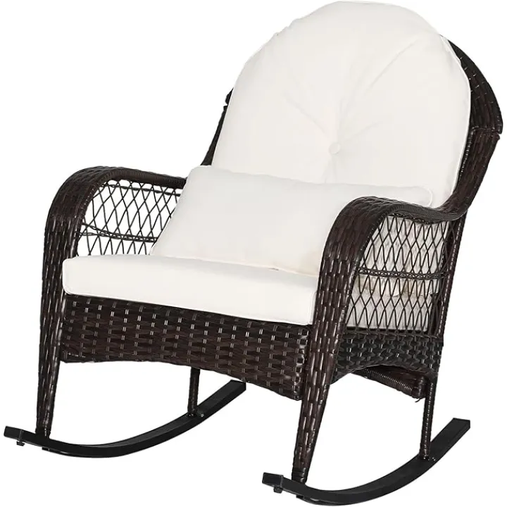 MEDIMALL Outdoor Wicker Rocking Chair, Patio Rattan Rocker w/Lumbar Pillow, Padded Seat & Back Cushions, Metal Frame, Mix Brown Wicker Furniture for Balcony, Porch, Deck, Backyard (Off White)