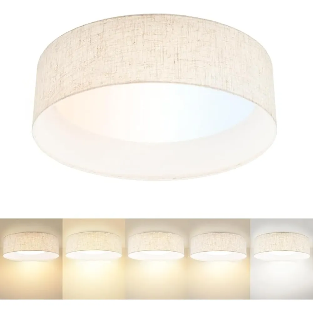 Hamilyeah 16 inch LED Flush Mount Ceiling Light, 24W Kitchen Lighting Fixture Ceiling Mount with Fabric Shade, Dimmable Drum Ceiling Lighting Fixture 5CCT for Bedroom, Bathroom, Living Room, Kitchen