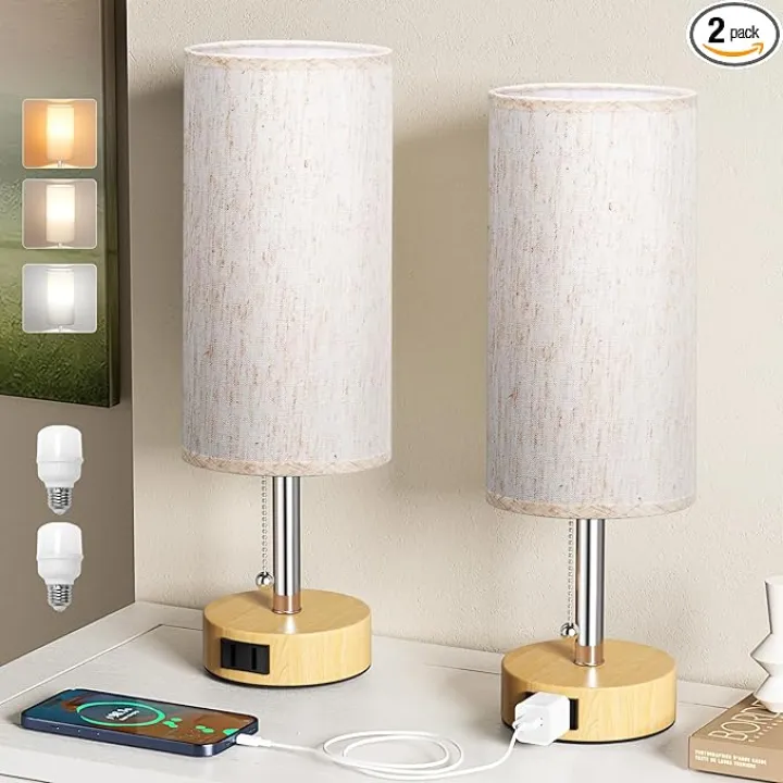 Wood Grain Bedside Table Lamps Set of 2-3 Color Temperatures Pull Chain Lamp with AC Outlet Charging Port, Round Night Stand Lamps for Bedroom Office, Small Bed Light with E26 LED Bulbs