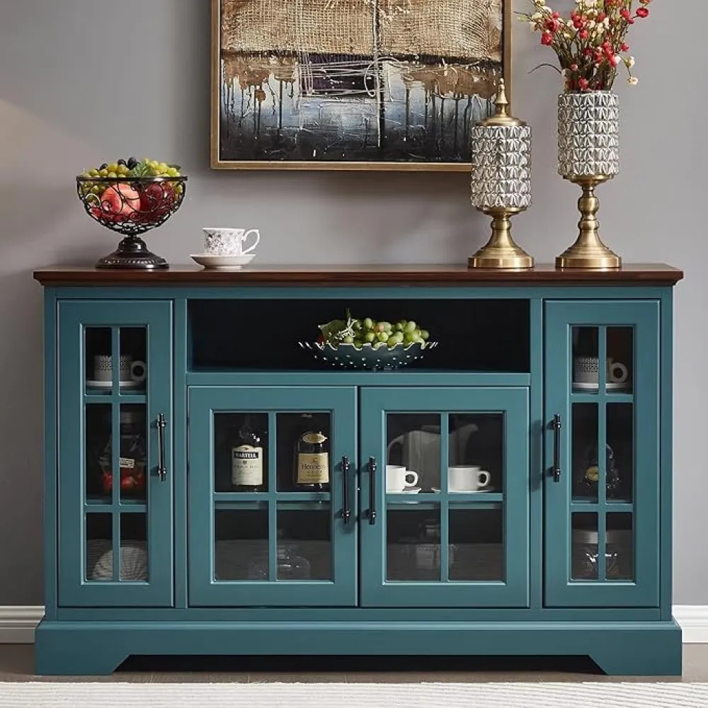 HMFULE 52" Modern Buffet Table Sideboard with 4 Doors Vintage Black Metal Handle Storage Sideboard with Tempered Glass and Adjustable Shelves for Dining Room Living Room Entryway Office(Teal Blue)