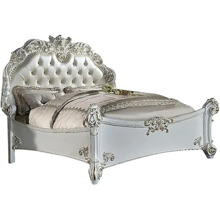 Acme Vendome Leather Upholstered Tufted Eastern King Bed in Antique Pearl