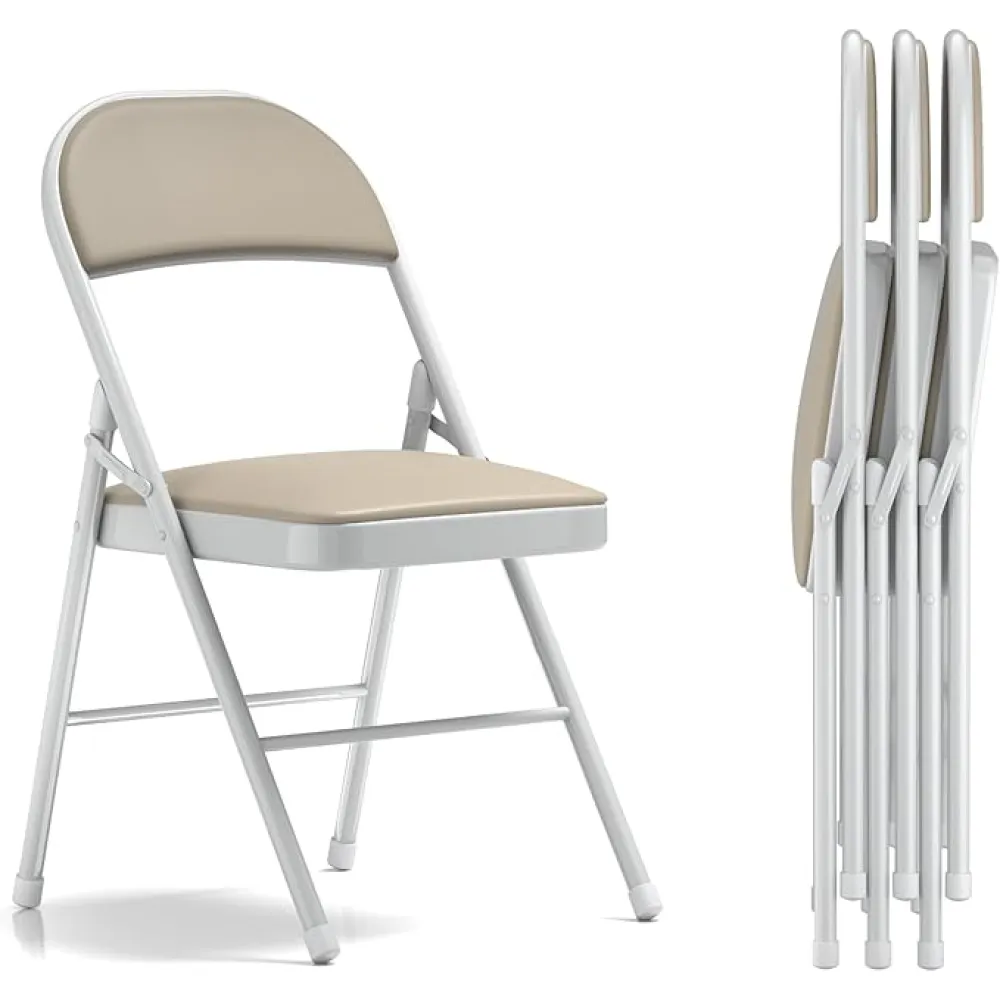 VECELO 4-Pack Folding Chairs Portable Metal with Ultra Soft PU Padded Cushion Seats for Home Office, Beige