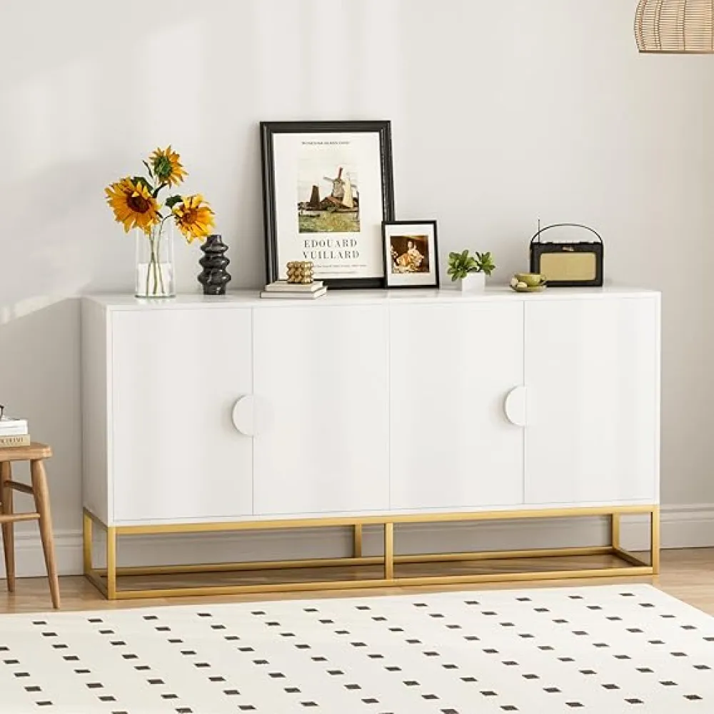 IKIFLY Accent Storage Cabinet, Modern Buffet Cabinet with Storage, Stable Metal Base, Long Sideboard Table for Hallway, Entryway, Kitchen, Living Room(White)