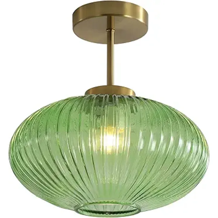 KCO Lighting Vintage Green Ribbed Glass Flush Mount Light Brushed Gold Semi Flush Mount Ceiling Globe Hallway Ceiling Light Fixture