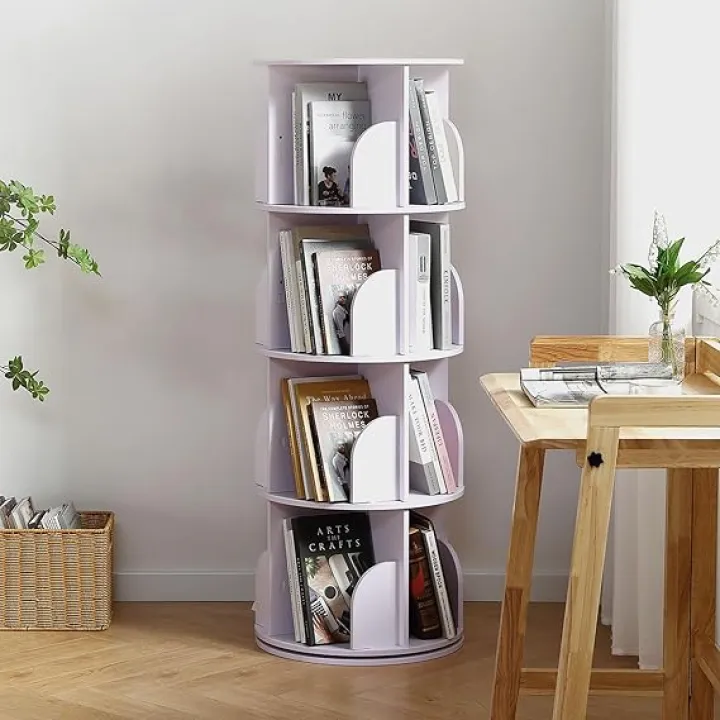 Rotating Bookshelf Tower, 360 Display Spinning Bookshelf, PVC Narrow Book Shelf Organizer, Corner Floor Standing Bookcase for Bedroom, Living Room, Study Room, Small Space (4 Tier)