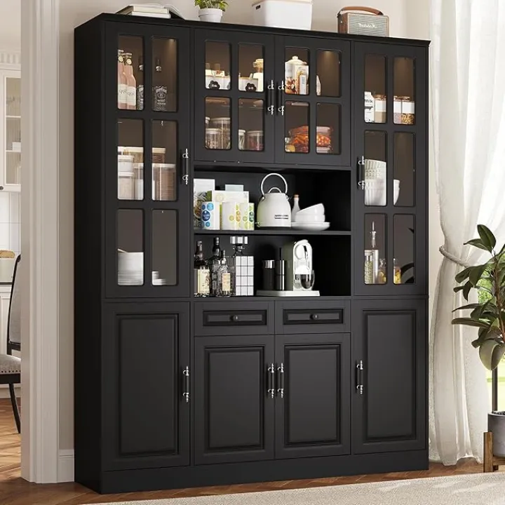 Kitchen Pantry Storage Cabinet with LED Lights, 78.7" Tall Pantry Cabinet with Glass Doors & Drawers, Freestanding Utility Cabinet, Black (63" W x 15.7" D)