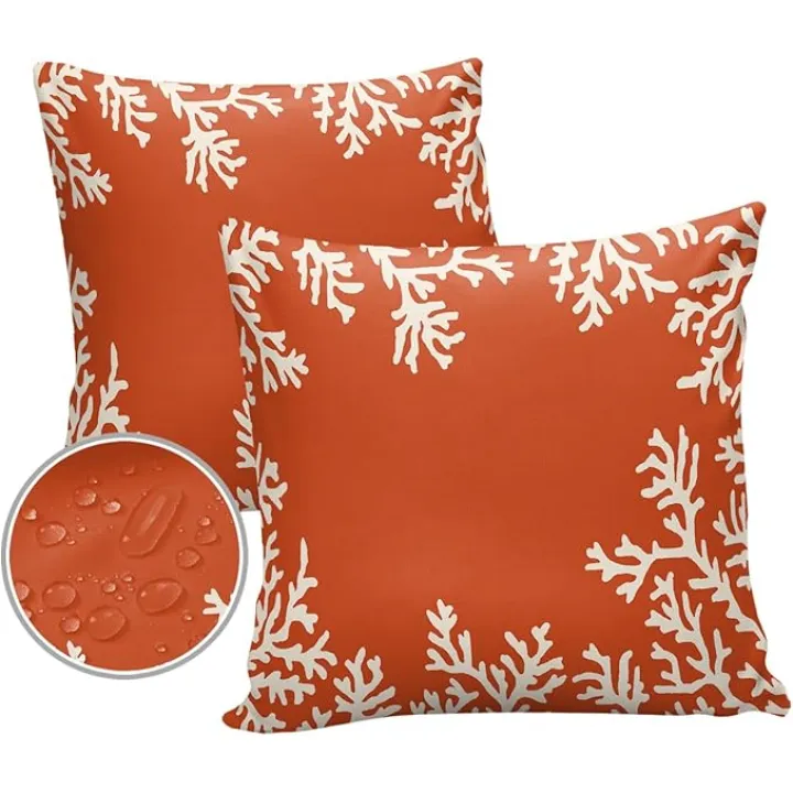 Orange Coral Outdoor Waterproof Pillow Covers, Summer Beach Nautical Seaside Coastal Decorative Square Throw Pillowcase Sofa Cushion Sham for Patio/Couch/Chair, 20"x20" 2 Pack