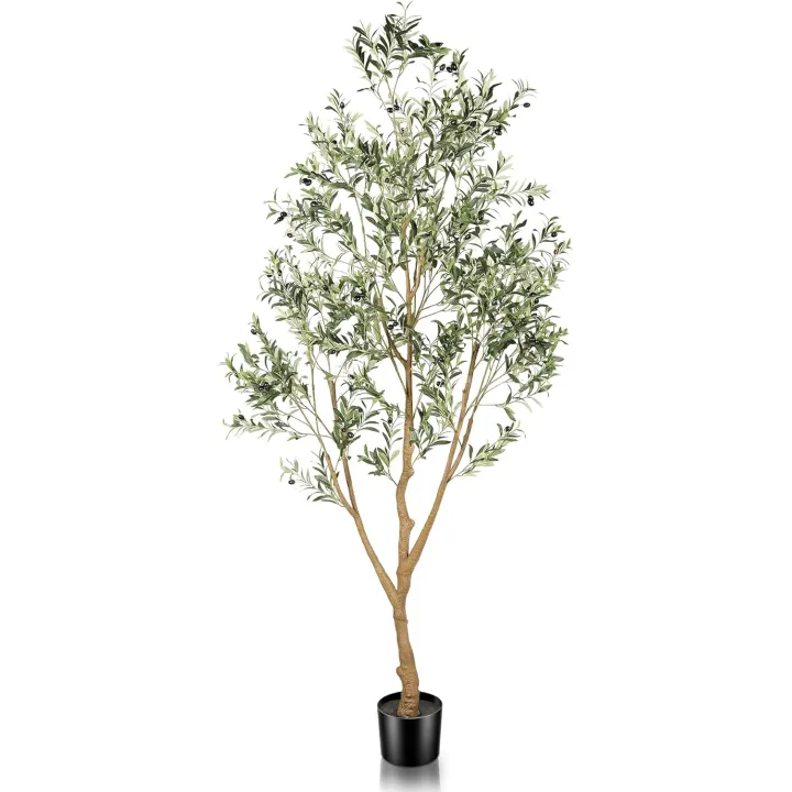 Faux Olive Tree 8ft (96") - 8ft Tall Fake Olive Silk Tree for Modern Home Office Decor - Artificial Olive Tree Indoor with Natural Wood Trunk and Lifelike Fruits