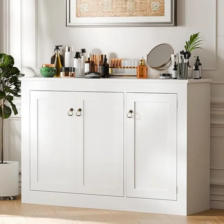Cozy Castle Buffet Cabinet with Storage - Kitchen Storage Cabinet Wood Console Table Coffee Bar Accent Cabinets for Living Room Dining Room Entryway White 44.5" W