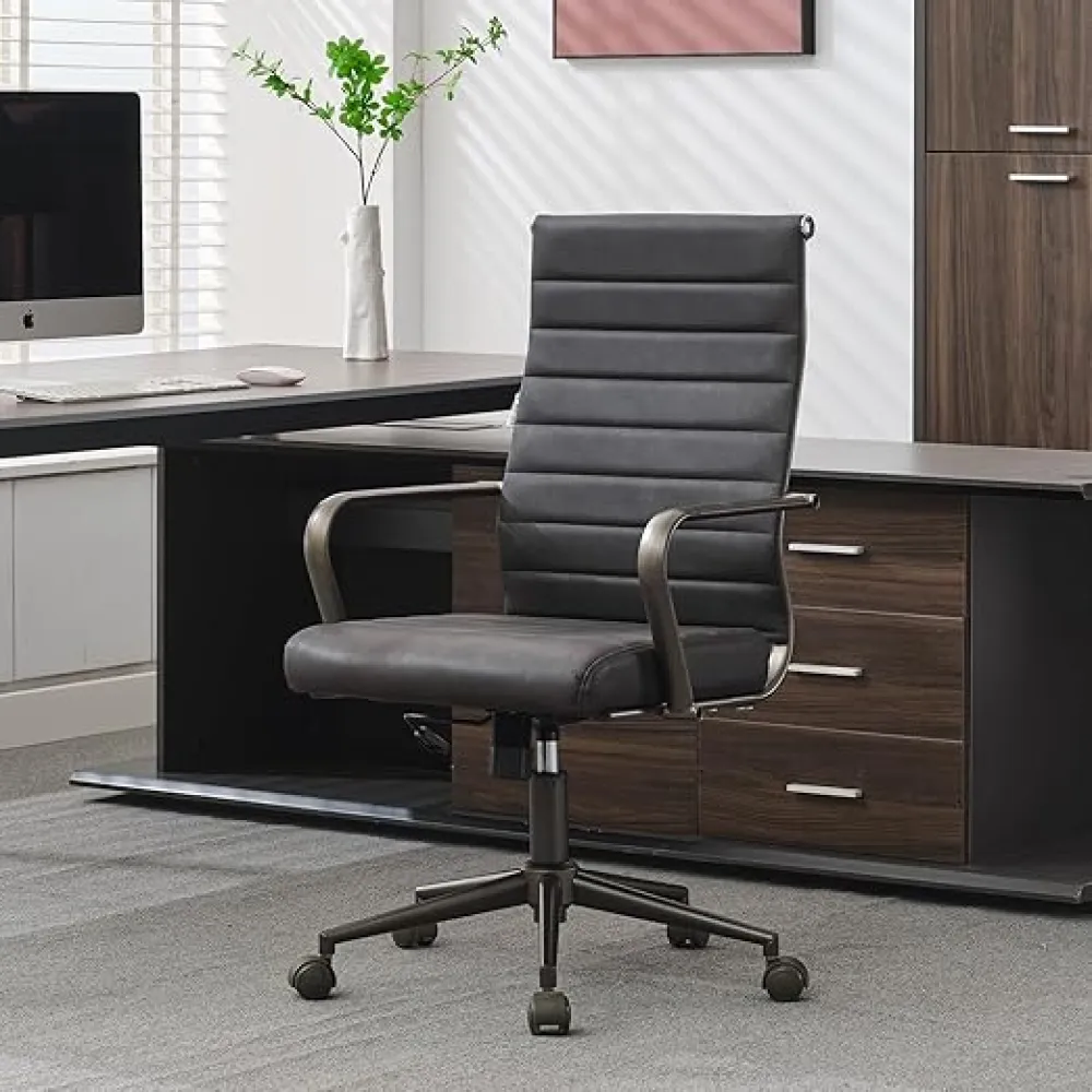 Okeysen Leather Office Desk Chair, Ergonomic Mid Century Modern Conference Room Chairs, Executive Ribbed Height Adjustable Swivel Rolling Chair for Home Office.