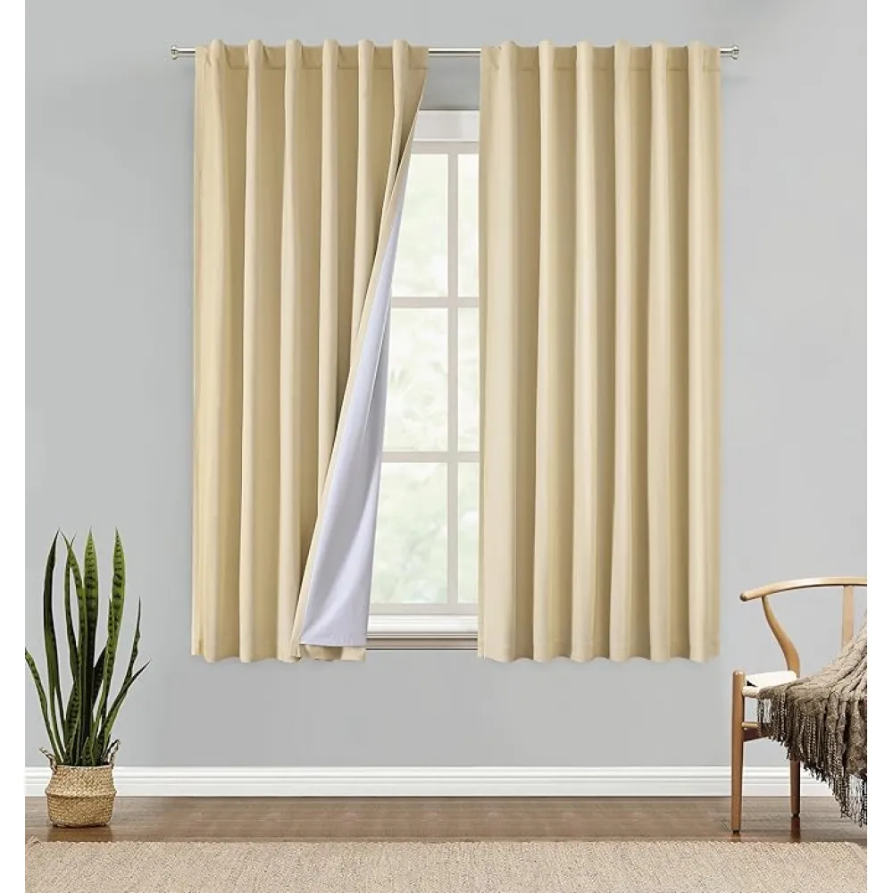 Central Park Cotton Linen Full Blackout Curtain Panel with Rod Pocket Back Loop Window Treatment for Living Room Bedroom Noise Reducing Thermal Insulated Farmhouse Rustic Drape, 50"x63"x2, Light Gold