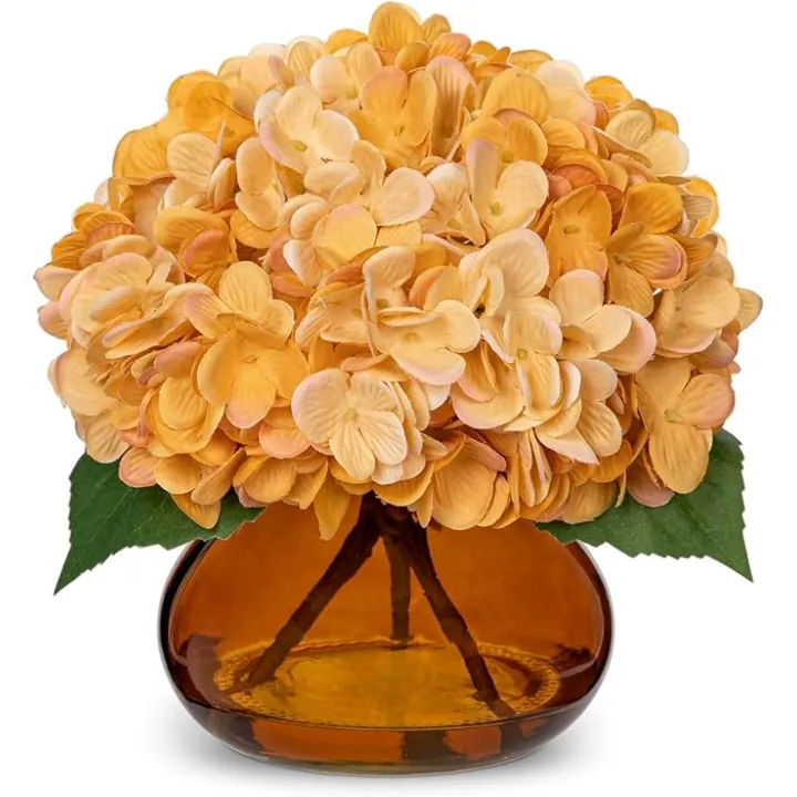 Hollyone Hydrangea Artificial Flowers with Glass Vase Yellowish Orange Silk Faux Flowers Arrangements in Vase with Faux Water Fake Floral Bulk Bouquet for Home Decor Table Centerpiece Decorations