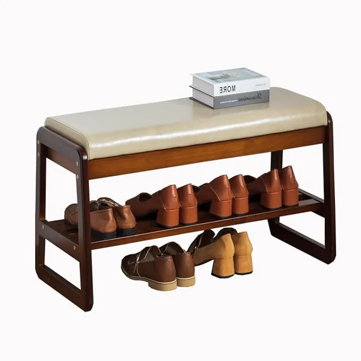 latifolia Shoe Bench, Entryway Bench with Cushion, 2 Tier Shoe Storage Organizer for Hallway, Living Room(Beige,31.50''L)