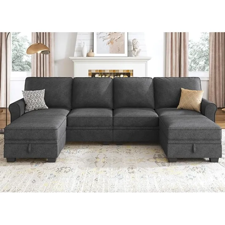 HONBAY Sectional Sofa with Storage Seat U Shaped Sectional Couch with Reversible Chaise Convertible Sectional Couches for Living Room,Dark Grey