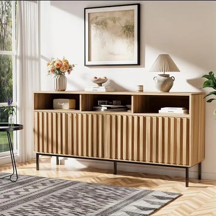UEV Mid Century Modern Sideboard Buffet Cabinet with Storage, 61.4'' Fluted Sideboard,Wood Buffet with Metal Legs,Accent Credenza Storage Cabinet with 4 Doors and Spacious Top(Wood)
