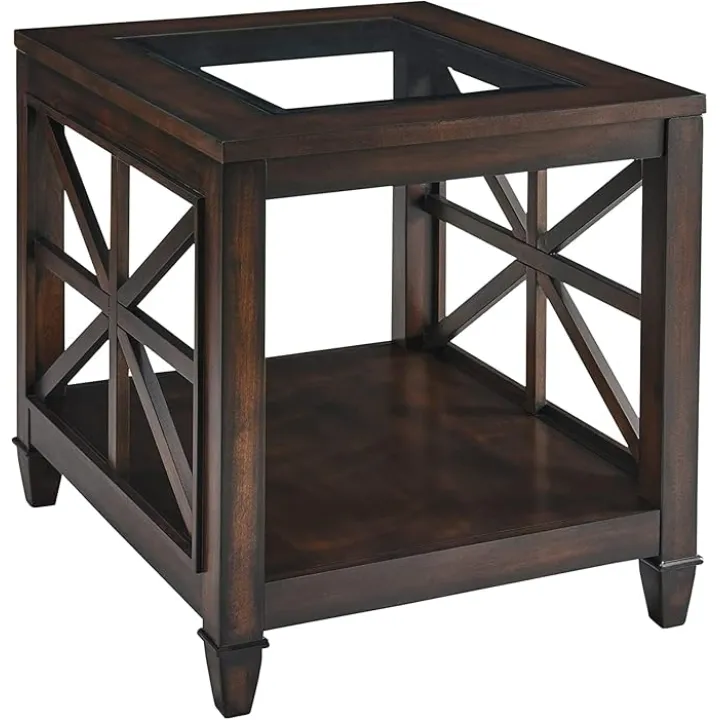 Solid Wood End Table with Tempered Glass Top, 28" x 24" Large Farmhouse Style End Tables for Living Room, Bedroom, Office & Café, Vintage Walnut