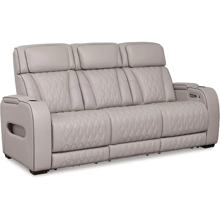 Signature Design by Ashley Boyington Contemporary Leather Match Power Reclining Sofa with USB Charging Ports, LED Lights and Adjustable Headrest, Light Gray