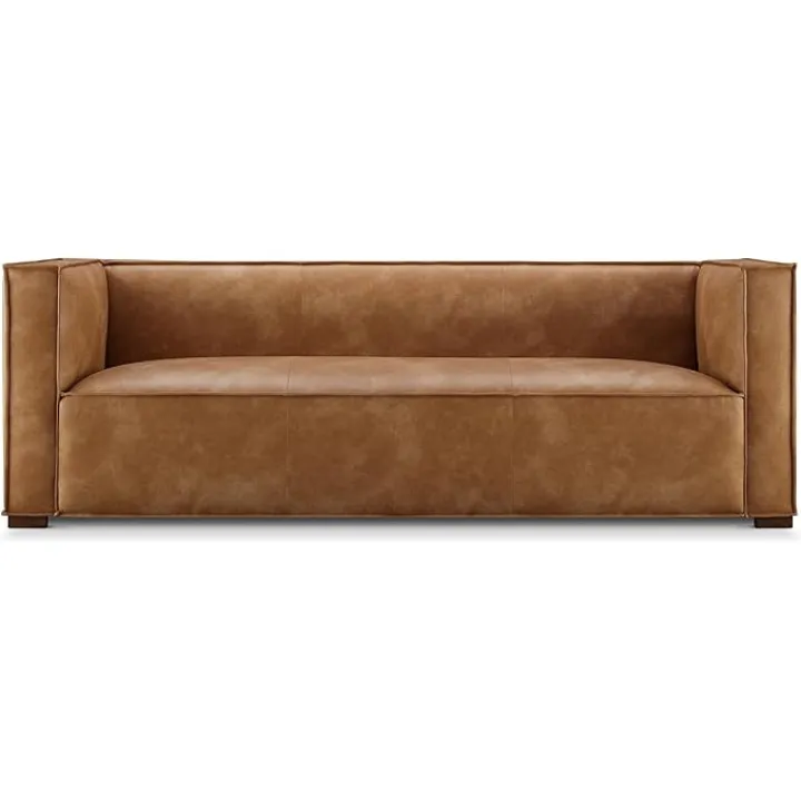 CHERS 83.3" Mid Century Modern Sofa, Luxury French Faux Leather Couch with Tight Back, Square Armrest Lounge Sofas for Living Room, Apartment, Bedroom, Office, Cognac