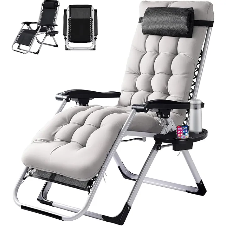 VINGLI Padded Zero Gravity Chair, Lounge Chair with Removable Cushion & Tray， Folding Reclining Patio Chairs， Recliner Chair for Lawn，Indoor and Outdoor