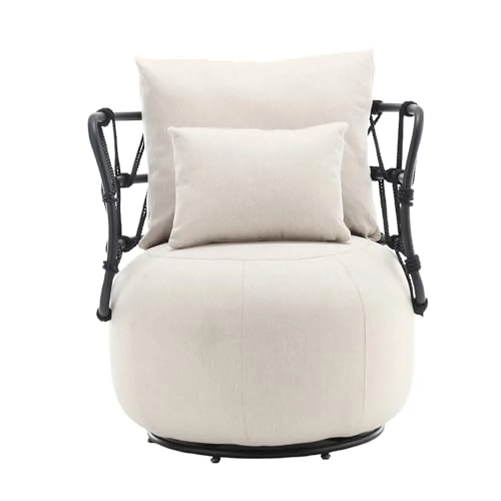 Modern Accent Chair, Upholstered Tufted Living Room Chair Textured Linen Fabric Accent Chair with Metal Stand, Cushions and Pillows for Living Room Bedroom, Beige