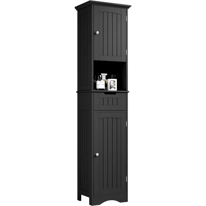 ChooChoo 67" Tall Bathroom Storage Cabinet Freestanding with Adjustable Shelves, Narrow Storage Linen Cabinet with 2 Doors and 1 Drawers for Bathroom, Living Room, Kitchen, Black