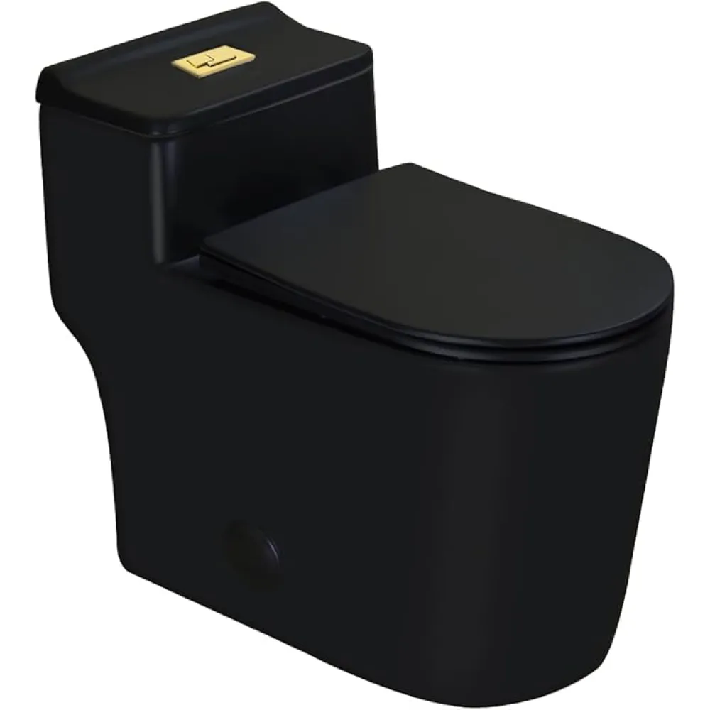 WinZo WZ5080B-G Compact One Piece Toilet With Golden Square Dual Flush 1.28 GPF 17.25" Comfortable Elongated Tall Bowl 12” Rough-in, Matte Black