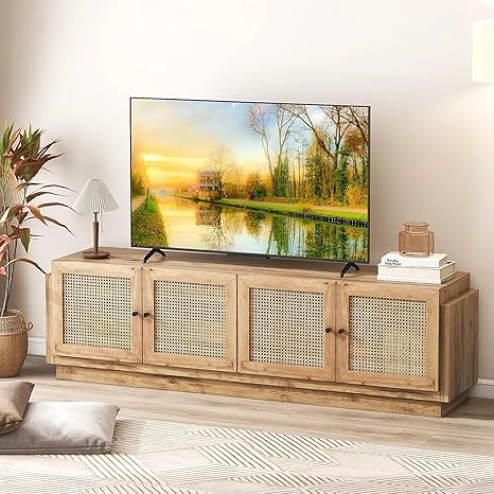 Giantex Farmhouse TV Stand for TVs up to 75", 4-Door PE Rattan Entertainment Center w/ 2 Cabinets, Adjustable Shelves, 8 Cable Holes, Mid Century Modern Media Console Table for Living Room, TV Cabinet