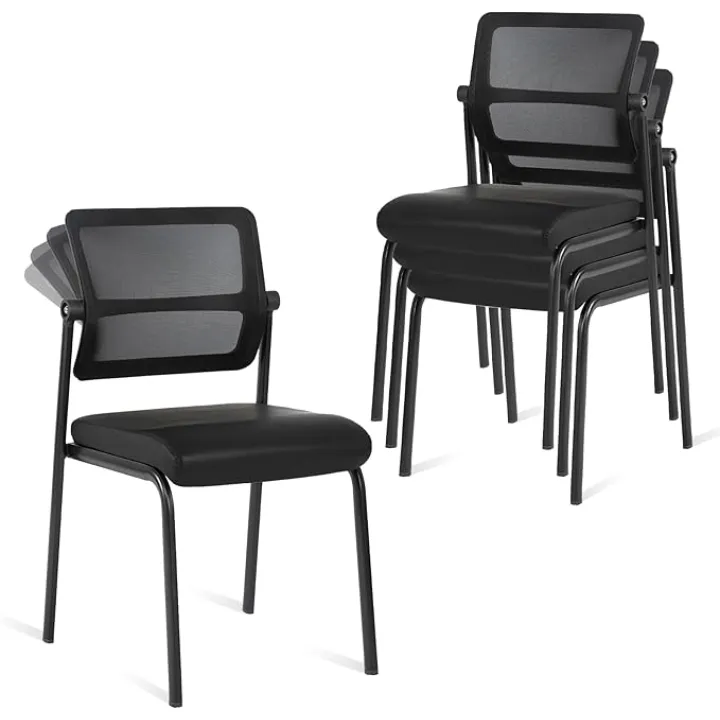 CLATINA Stackable Waiting Room Chair with Adjustable Mesh Backrest, Armless Office Guest Reception Chairs with Leather Cushion and Ergonomic Lumbar Support for Conference Lobby Side School, Black, 4PK
