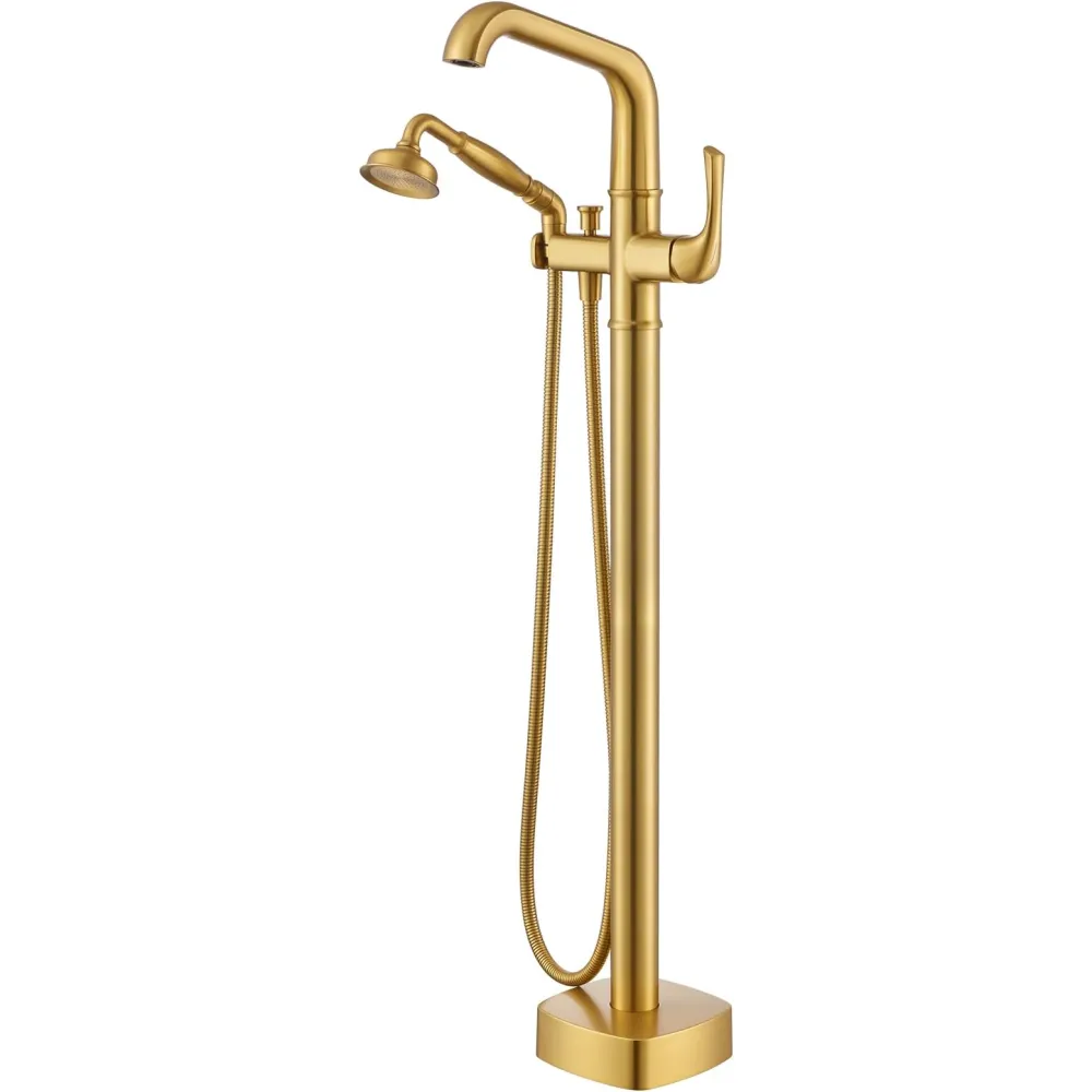 Luxury Free Standing Tub Faucet, Classic Brass Freestanding Bathtub Faucet, Lexdale Bathroom Floor Mount Tub Filler with handheld Sprayer Supply Lines Included Brushed Gold (LD8911-BG)