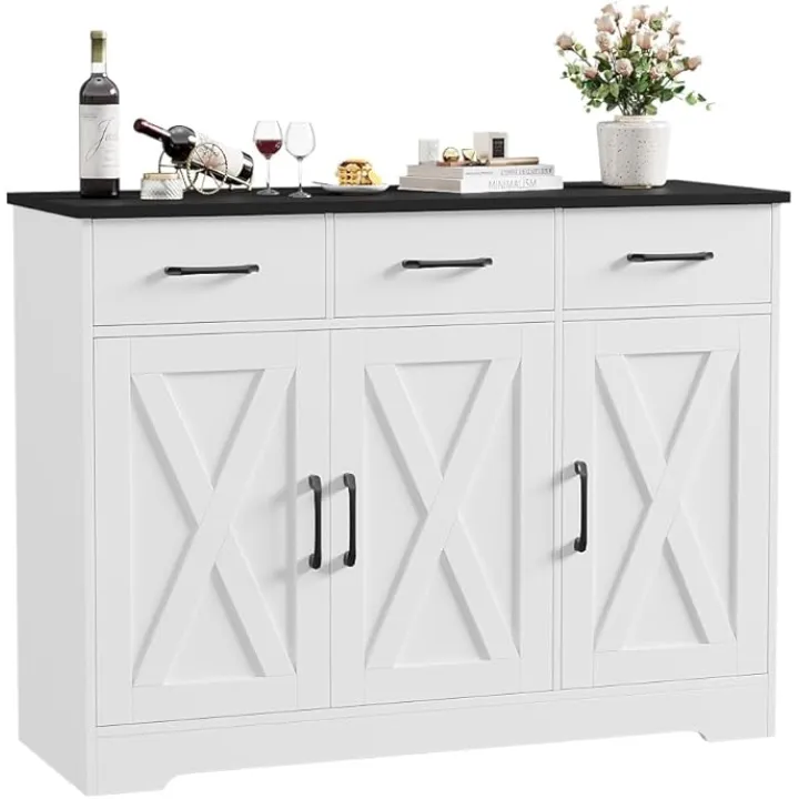 HOSTACK Modern Farmhouse Buffet Sideboard Cabinet, Barn Doors Storage Cabinet with Drawers and Shelves, Wood Coffee Bar with Storage for Dining Room, Kitchen, Living Room, White/Black