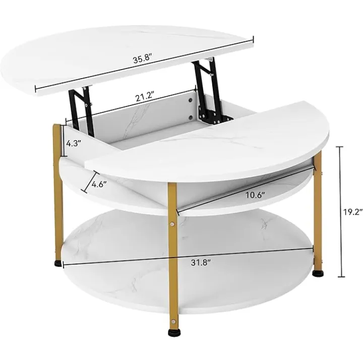 DWVO Round Coffee Table with Storage, Lift Top Coffee Table with Hidden Compartment, Modern Coffee Table for Home Office Living Room, Marble White