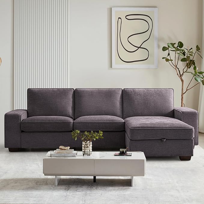 COHOME 100" L-Shaped Couch with Storage, Chenille Upholstered Deep Seat Couch for Living Room, Sofa with Reversible Chaise, Removable Covers, 3-Seater Apartment Sofa with Charge Ports,Dark Grey