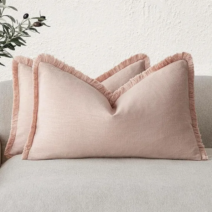 Foindtower Set of 2 Decorative Linen Fringe Lumbar Throw Pillow Covers Boho Farmhouse Cushion Cover with Tassels Soft Accent Pillowcase for Couch Sofa Bed Living Room Home Decor,12×20 Inch,Light Pink