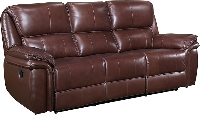 Benjara Jack 87 Inch Manual Recliner Sofa, Brown Top Grain and Faux Leather, Wood