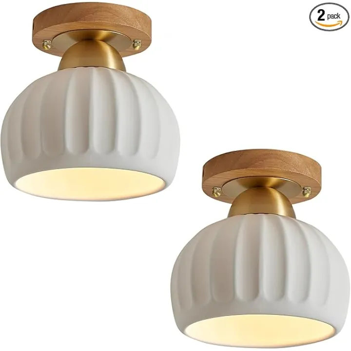 2 Pack Vintage Gold Ceramic Semi Flush Mount Ceiling Light Fixtures, Wood Brass Hallway Light Fixtures, Modern Small Flush Mount Ceiling Light for Dining Room Kitchen Entryway