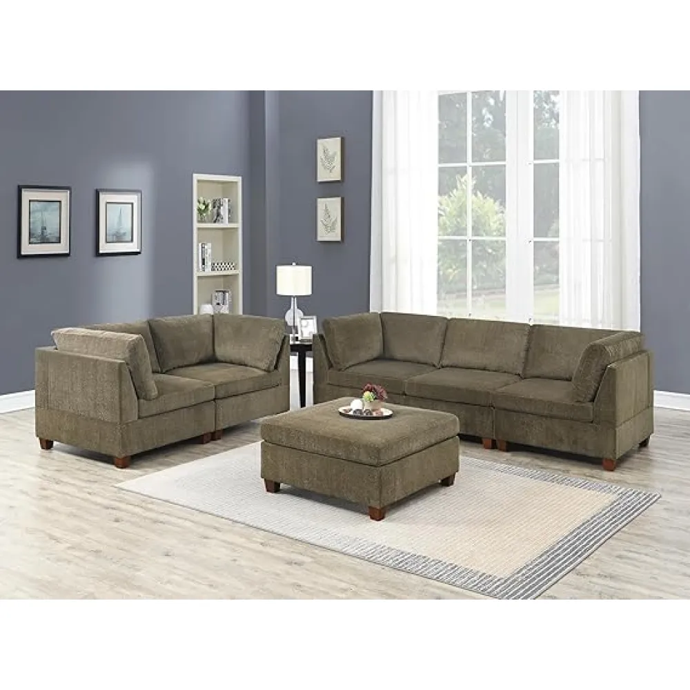 GOWE Living Room Furniture Tan Chenille Modular Sectional 6pc Set Modular Sofa Set Modern Couch 4X Corner Wedge 1x Armless Chairs and 1x Ottoman Plywood