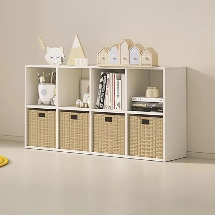 Wood Cube Storage Organizer Closet Cabinet for Living Room Bedroom Study Shelf Bookcase Wooden Floor Standing Open Bookshelf for Kids Home Office Display Storage Cabinet (White, 8-Cube, 11.81in)