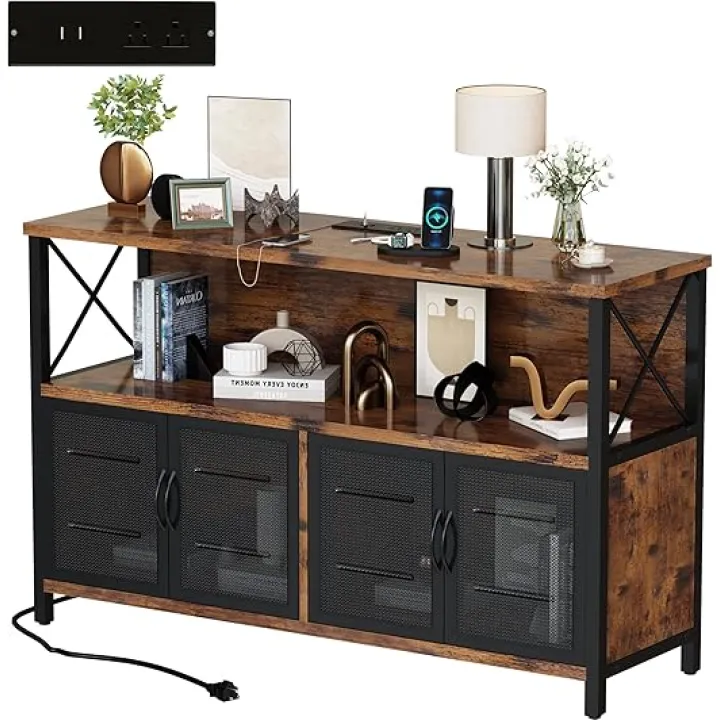 Lamerge Vintage Kitchen Freestanding Storage Organizer, Farmhouse Buffet Sideboard with Power Outlets and USB Ports, Large Side Cabinet with Doors, Accent Cabinet for Kitchen Wine Liquor Bar Buffet