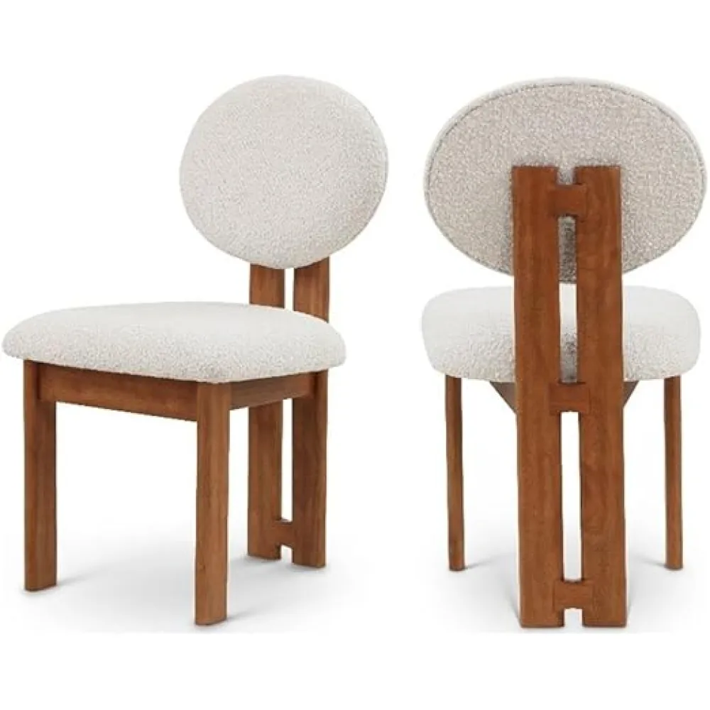 Pemberly Row Mid-Century Dining Chair Set of 2, Cream Boucle Fabric Upholstery with Walnut Finish Wood Frame – Modern Upholstered Side Chairs for Dining Room or Kitchen