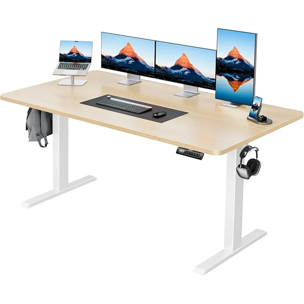 HUANUO 55" x 28" Electric Standing Desk Adjustable Height, 4 Memory Height Settings, Headphone Hook, Cable Manager, Sit Stand Up Desk for Home Office & Computer Workstation, Nature