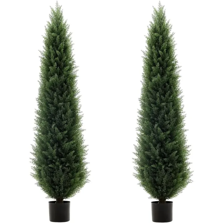5 ft Artificial Cedar Topiary Trees, 2 Pack Uv Resistant Faux Outdoor Plants, Front Door Pine Tree Decor Outdoor Entrance, Tall Fake Outside Plants, Evergreen Plastic Small Indoor Plant