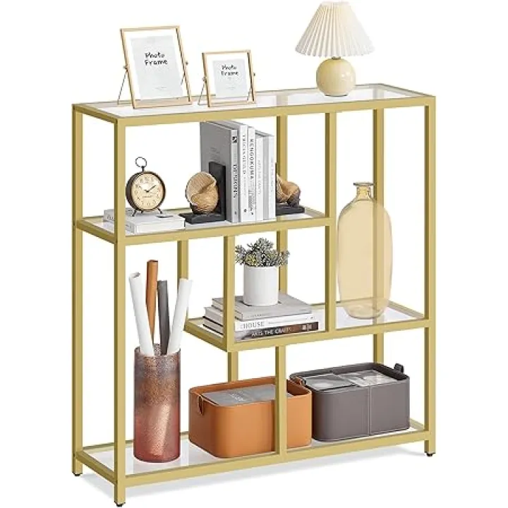 VASAGLE Bookcase, 4-Tier Bookshelf, Freestanding Shelf, 11.8 x 39.4 x 40.6 Inches, Storage Shelf, for Living Room, Office, Bedroom, Kitchen, Transparent and Pale Gold ULGT509A01