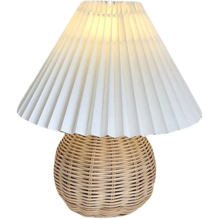 Small Pleated Lamp, Pleated Table Lamp LED Table Lamp for Bedroom Modern Bedside Lamp with Pleated Lampshade Rattan Base Cute Bedside Table Lamp with USB Cable for Bedroom Office Decor