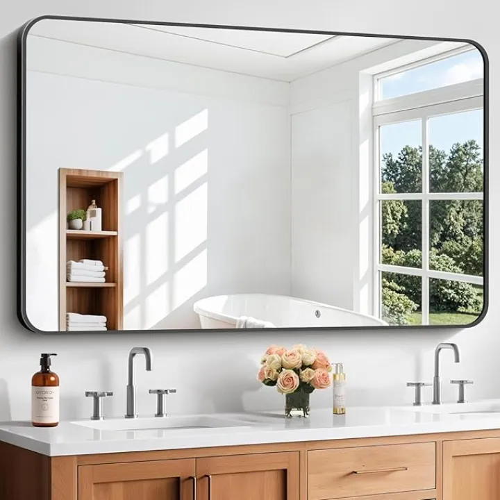 Bathroom Mirror, 55x36 inch Black Rectangle Wall Mirror, Metal Frame Rounded Corner Vanity Mirror, Large Wall Mounted Mirrors for Over Sink Bedroom Living Room Horizontal Or Vertical Mounting