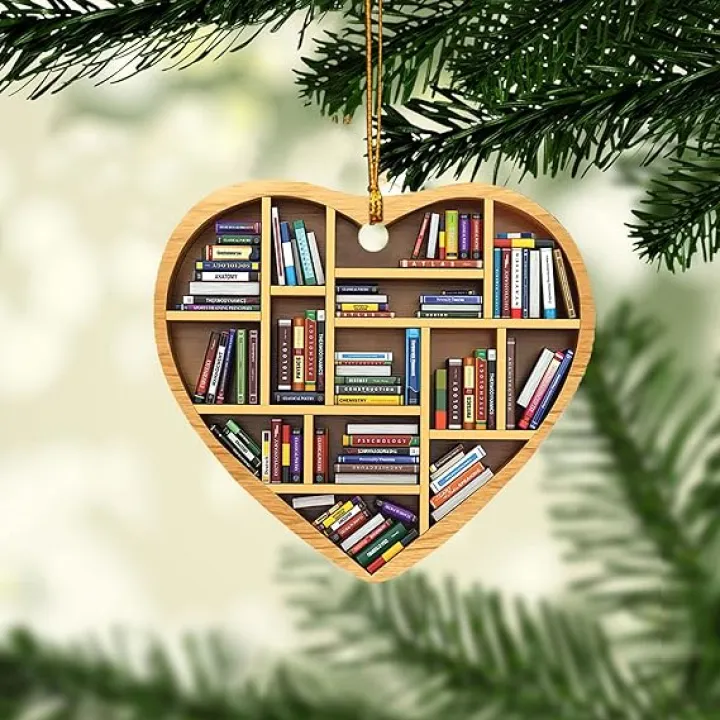 Talataca Bookshelf Heart Shape Book Lovers Nerd Bookworm Reader Writers 2D Flat Car Rear View Mirror Accessories Christmas Tree Ornament Decoration Hanging Charm Interior Rearview Pendant Decor Gift